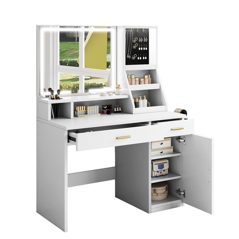 Bureau de maquillage avec lumières miroir, prises de courant et rangement pour bijoux, Blanc