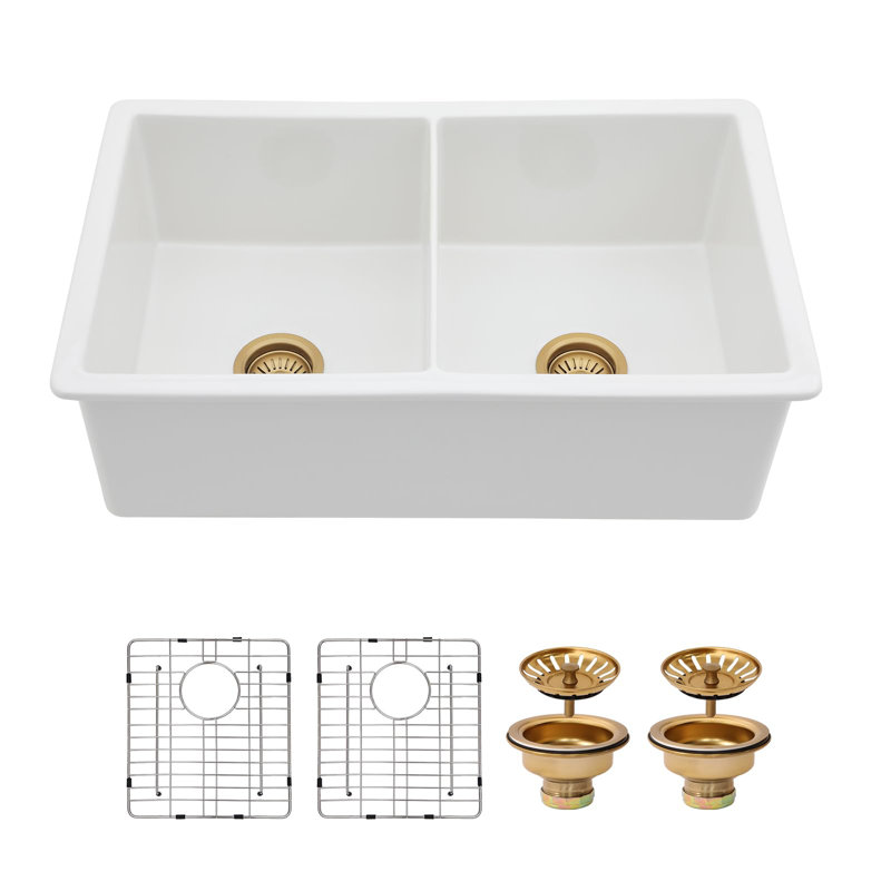 32"L x 19"W Undermount Ceramic Kitchen Sink Porcelain Double Bowl Kitchen Sink with Bottom Grid, Brushed Gold Strainer