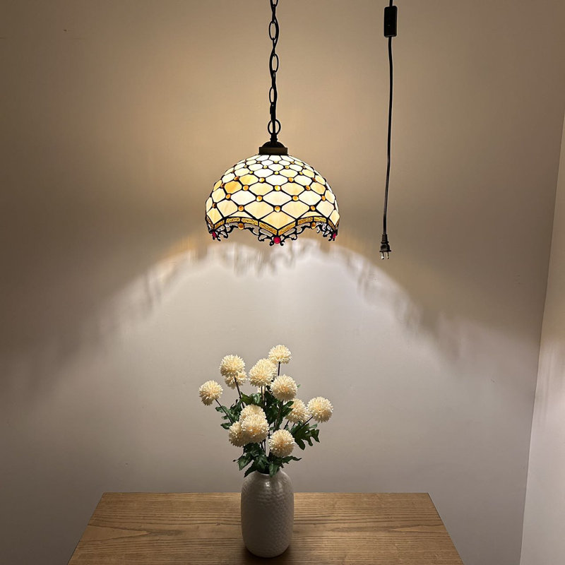 Beige Stained Glass Crystal Bronze Pendant Light with LED Bulb