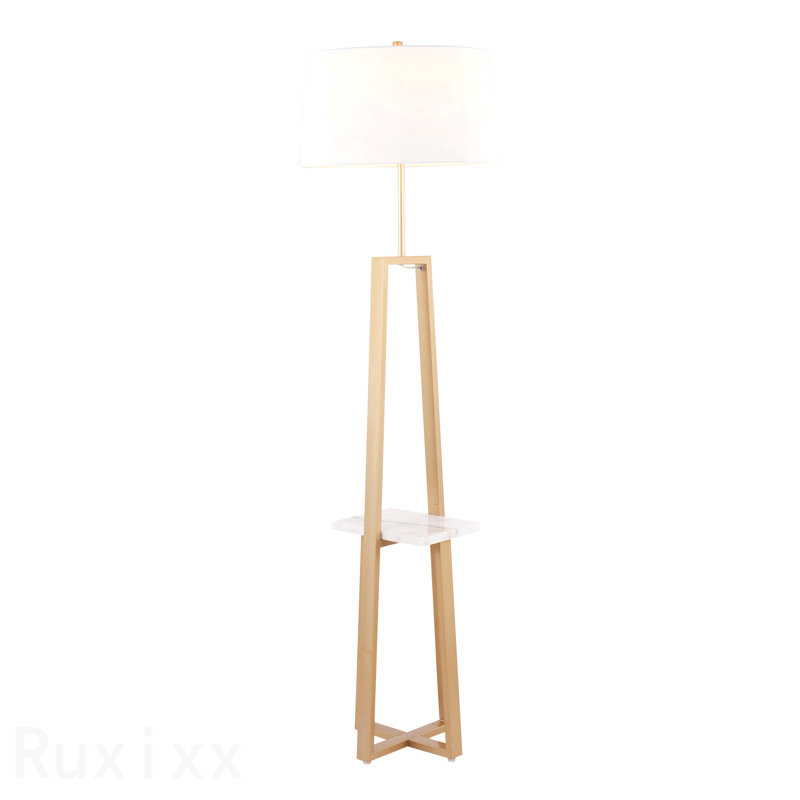 Lampe sur pied étagère contemporaine / glam en marbre blanc et métal doré avec abat-jour en lin blanc par Lumisource