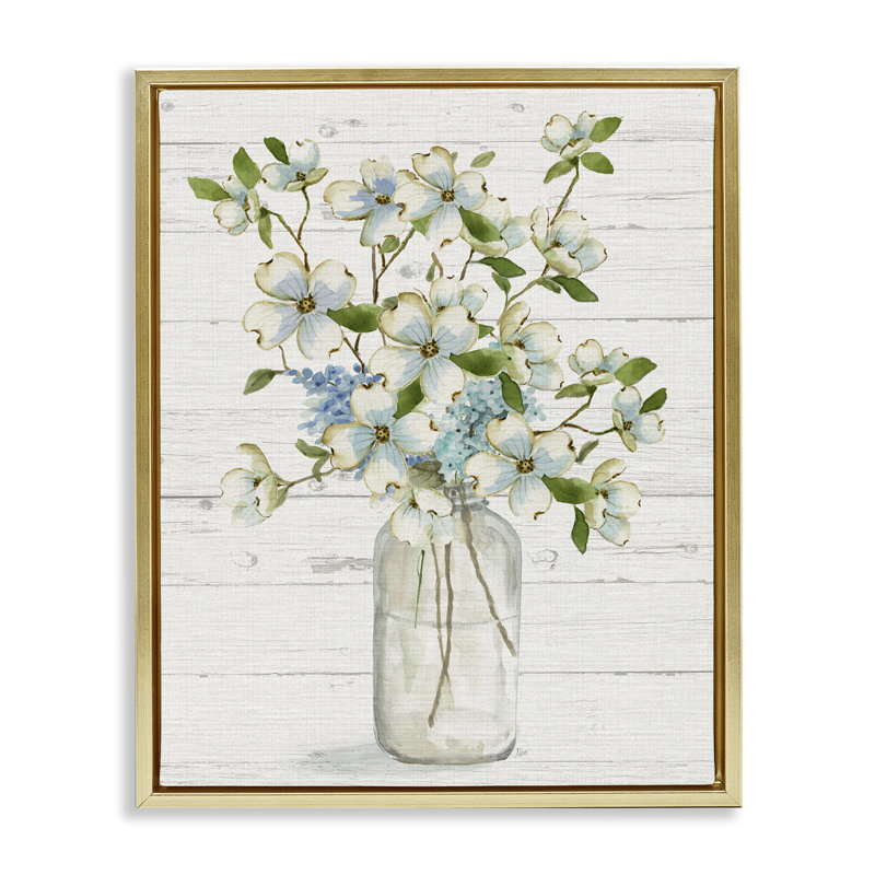 «Soft Soft Dogwood Bouquet Floater» par Nan, Cadre flottant métallique doré, H 21 po x l 17 po