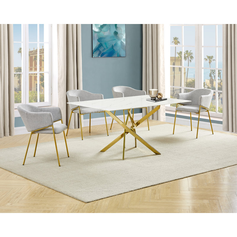 Ensemble de salle à manger rectangulaire en verre avec revêtement en marbre avec chaises en lin, 5, Gris/doré