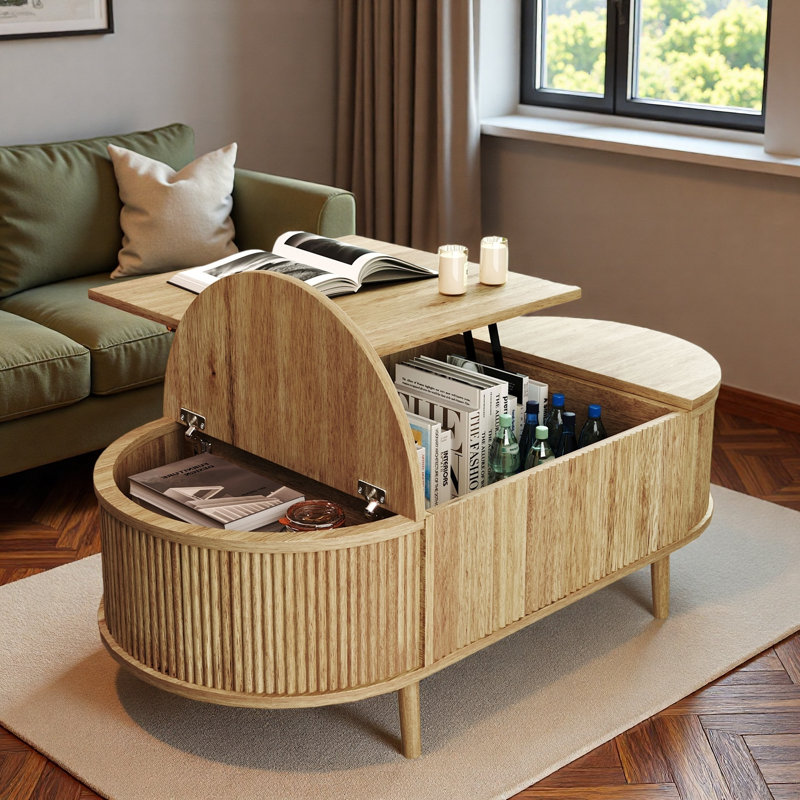 Table basse ovale minimaliste de 47,24 po avec rangement caché et finition grain de bois, Acacia Wood
