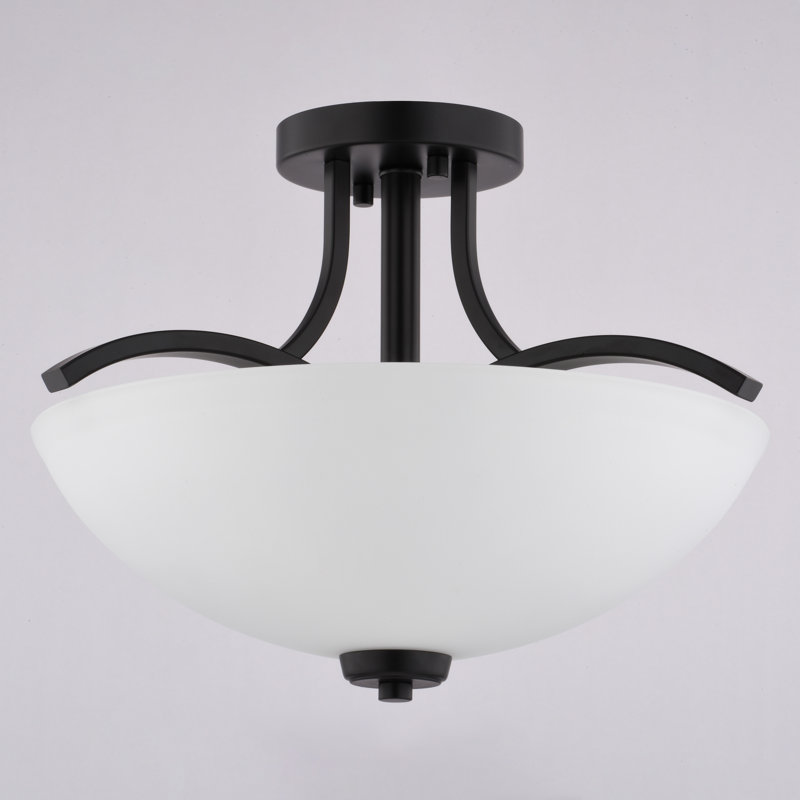 River Grove 3-Light 14.5 In. Wide Matte Black Bowl Semi Flush Mount Lighting Fixture, Frosted White Glass Shade, LED Compatible, For Low Ceilings, Bedroom, Hallway, Kitchen