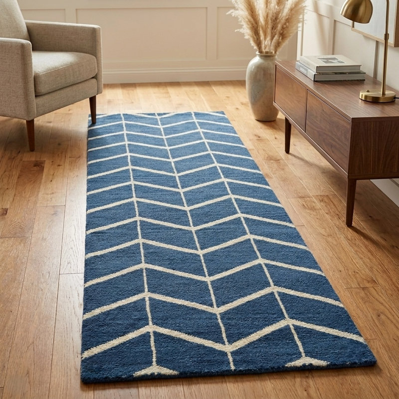Tapis d'intérieur bleu beige à motifs géométriques noués à la main, Tapis de couloir : 2 pi 6 po x 10 pi