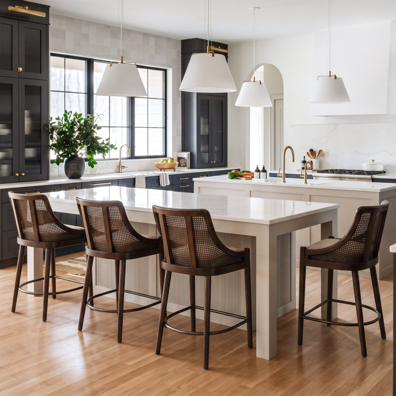 Paxon 26.25'' Seat Height Modern Solid Rubberwood Counter Stool With Cane Back And Upholstered Seat for Kitchen Islands, 4