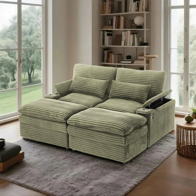 Causeuse convertible en velours côtelé avec 2 repose-pieds mobiles, rangement, ports USB et porte-gobelets pour salon et appartement