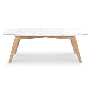 Rachel 43." X 18" Rectangular Italian Carrara White Marble Coffee Table With Oak Leg