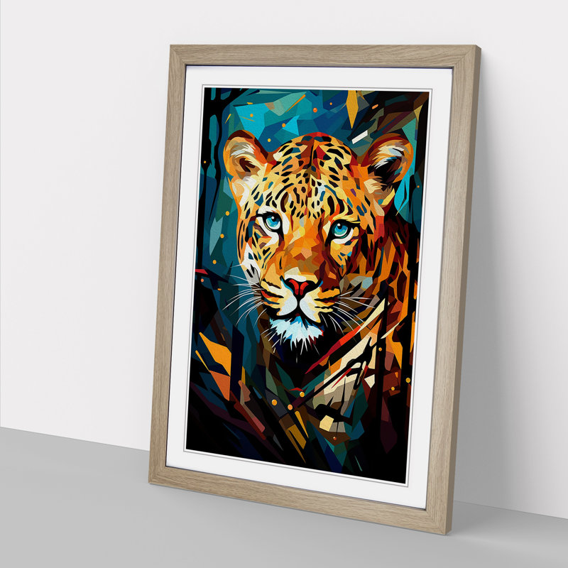 Leopard Cubism - Single Picture Frame Print on Wood, 34cm H x 25cm W x 2cm D, Oak Framed