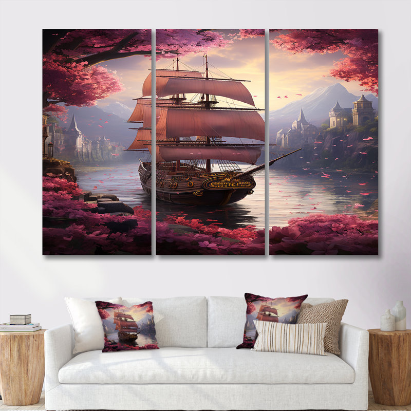 Voilier arrivant dans un port rose en fleur - ensemble d'art mural bateau, Toile tendue, H 32 po x l 48 po x P 1 po
