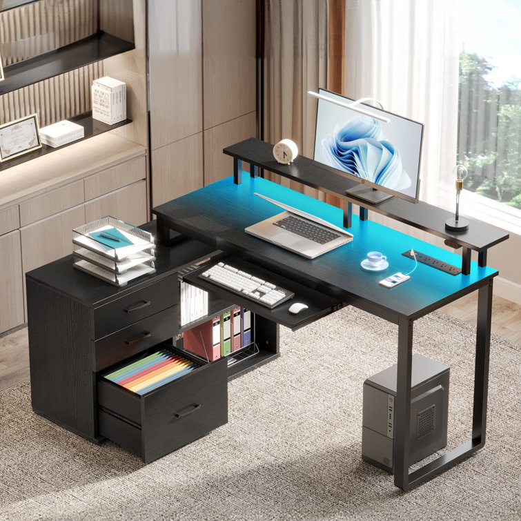 Ameliore 55.1" L Shaped Computer Desk with File Drawer, LED Lights and Keyboard Tray