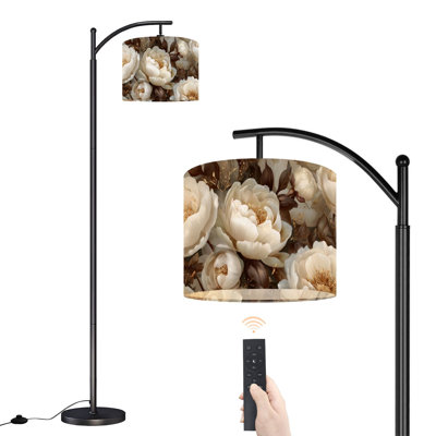 Floral Arc Floor Lamp with Adjustable Lampshade Lavish White Gold Peony Artwork Soft Highlight Details Standing Lamp 3 Color Temperatures Dimmable Tall Pole Lamp with Foot Switch for Bedroom