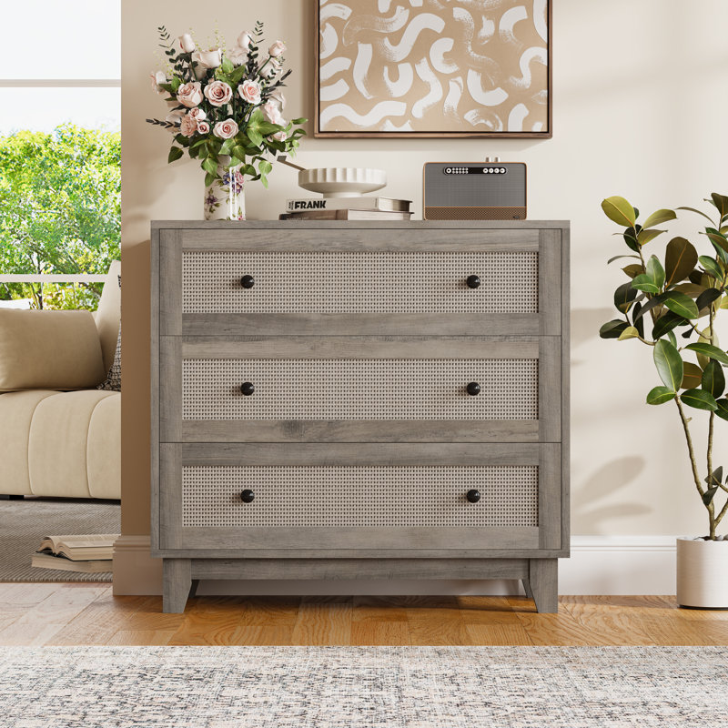 Commode 3 tiroirs, commode, poignées en bois Boho, Gris
