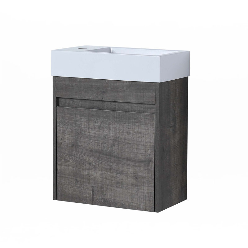 Meuble-lavabo flottant mural avec lavabo, Chêne gris carreauté