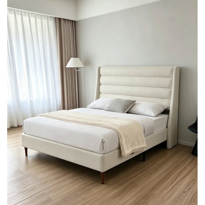 Grand lit plateforme avec tête de lit tapissier et tête de lit ondulée, tissu chenille de qualité supérieure, ivoire