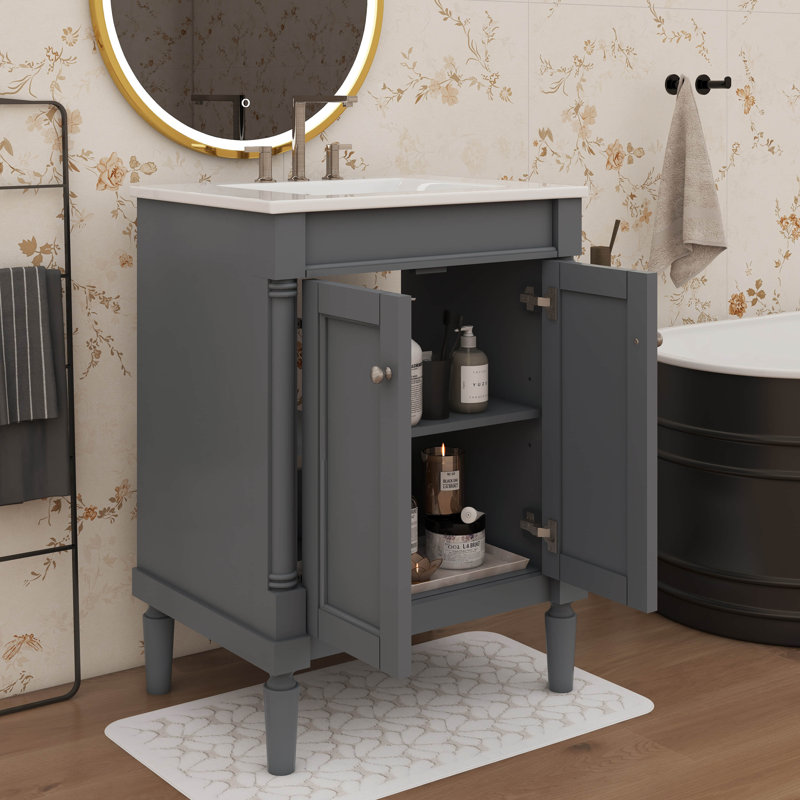 Meuble-lavabo chic 24 po avec lavabo sur le dessus et armoire de rangement à 2 niveaux, Gris, Argent argent