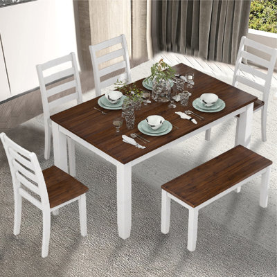 Retro Rustic Style 6-Piece Dining Set, Including 4 Upholstered Chairs, 1 Table And A Bench, For Playroom, Living Room, Home Bar, And Kitchen -  Red Barrel StudioÂ®, 01321A4481A24226972ED3B7EE385DA8