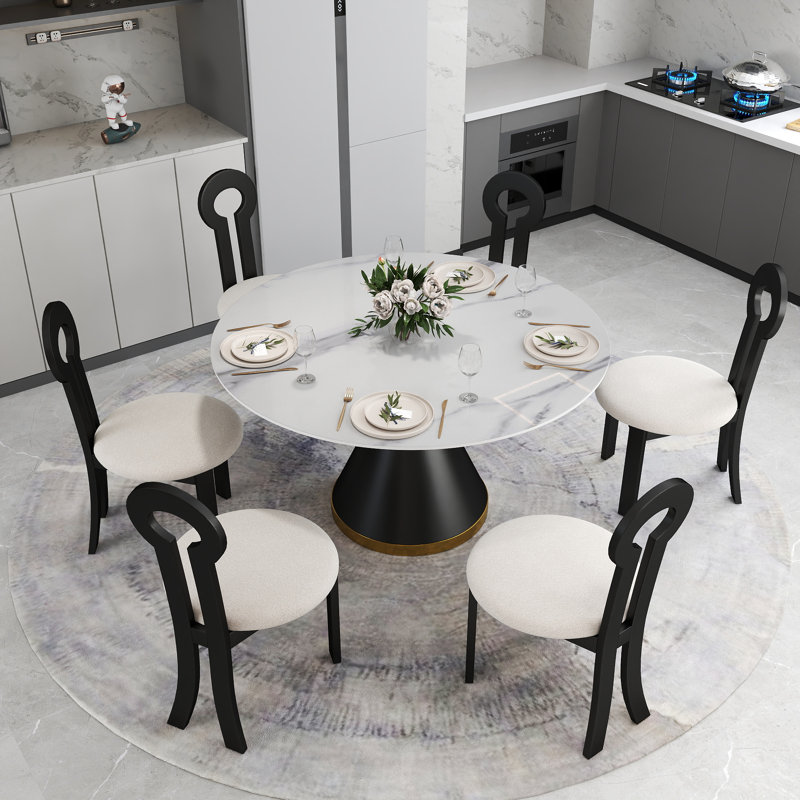 6 Seat Dining Table Set With Modern Key-shaped Dining Chairs, 7-piece Dining Set, Black, White