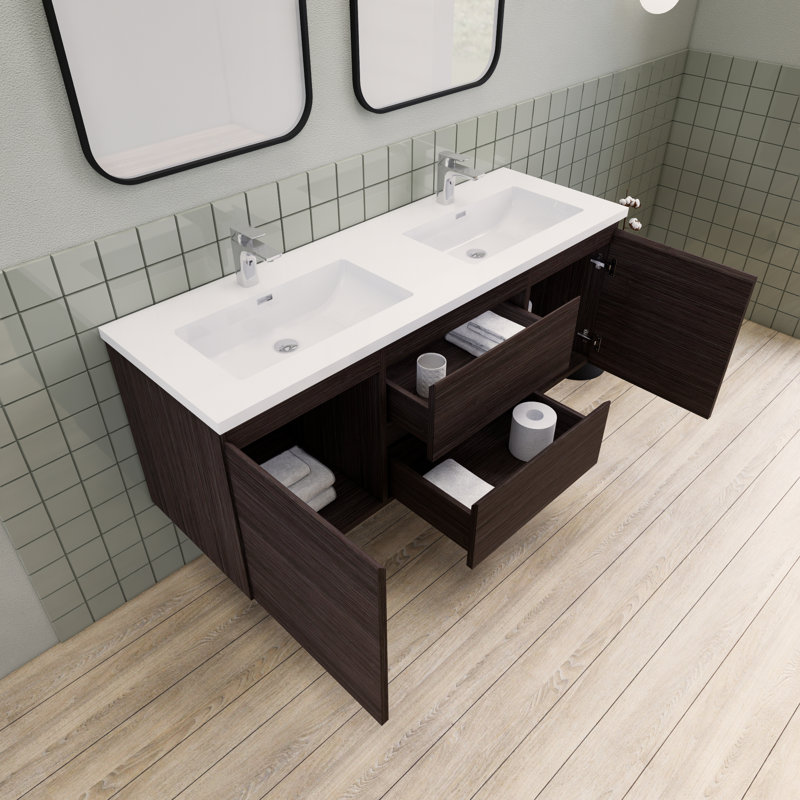 Alcester 59.2'' Double Bathroom Vanity with Resin Top, Dark Gray Oak