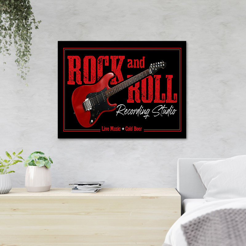 Une guitare rouge - Rock and Roll Studio d'enregistrement Live Music Cold Beer - 1 pièce, reproduction d'art graphique sur toile tendue
