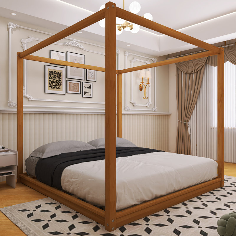 Wood Frame Canopy Platform Bed With Support Legs, Natural, Queen
