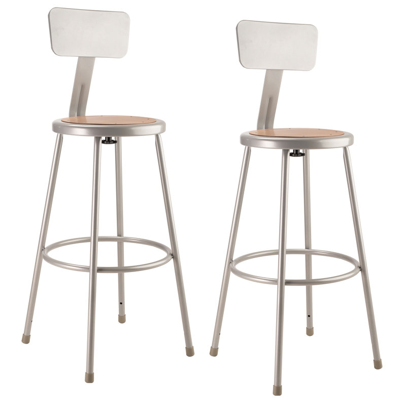 Adjustable Gray Metal Lab Stools with Wood Seats, Set of 2