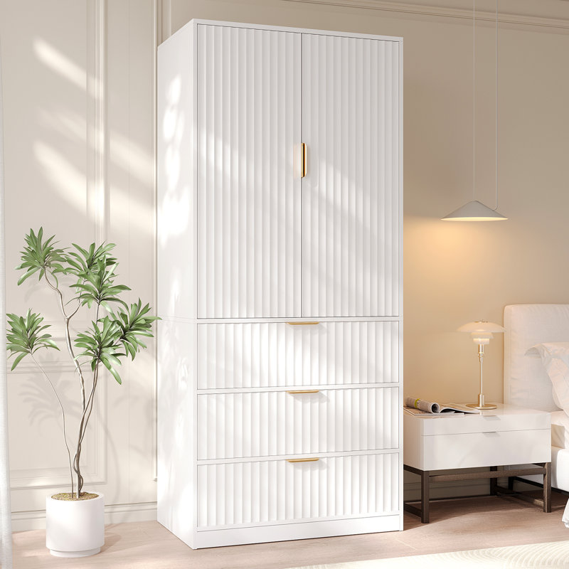 70.9''H Wardrobe Closet, 2-door Armoire Wardrobe With Built-in Mirror, Wardrobe with 3 Drawers, White