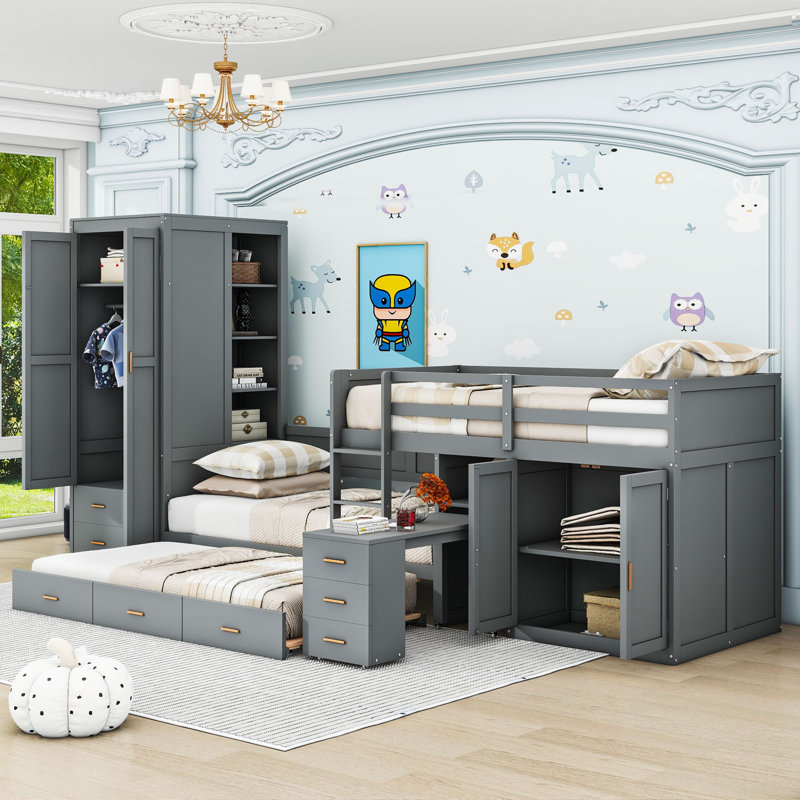 Hirona Twin Over Twin Wooden Displaced Bunk Bed With Twin Trundle, Cabinet, Wardrobe, Desk And Drawers