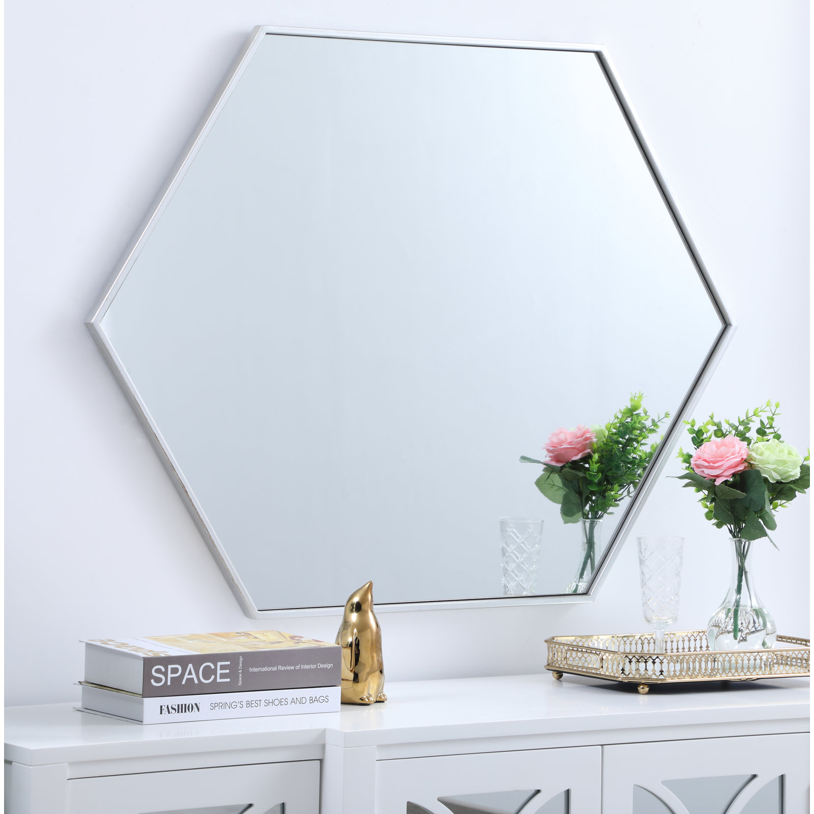 Sabine Metal Hexagon Wall Mirror, Silver, 32" x 38"