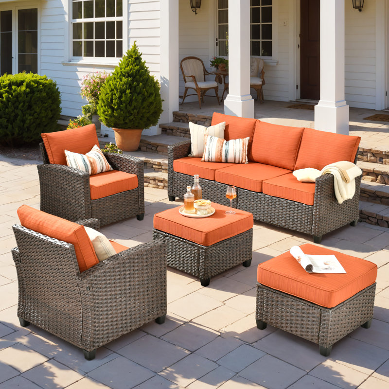 7 - Person Outdoor Seating Group With Cushions, Red/Orange, No