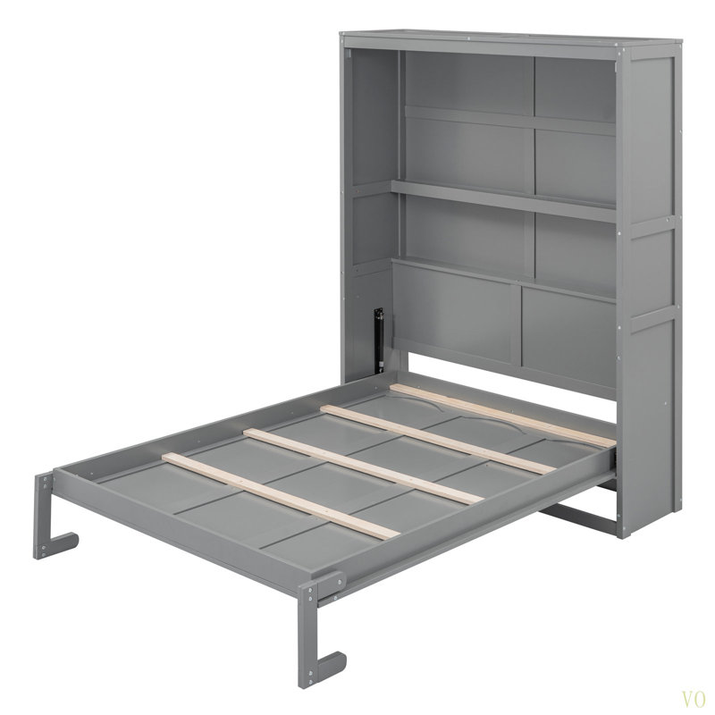 Lit escamotable double pleine grandeur avec tablettes, Gris
