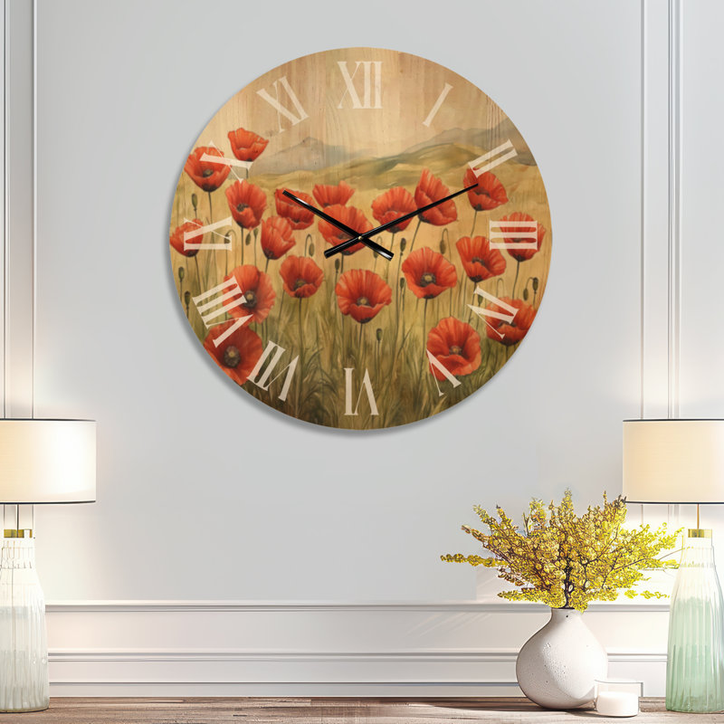 Grande horloge murale en bois de jardin - Coquelicots dans la brise, Large