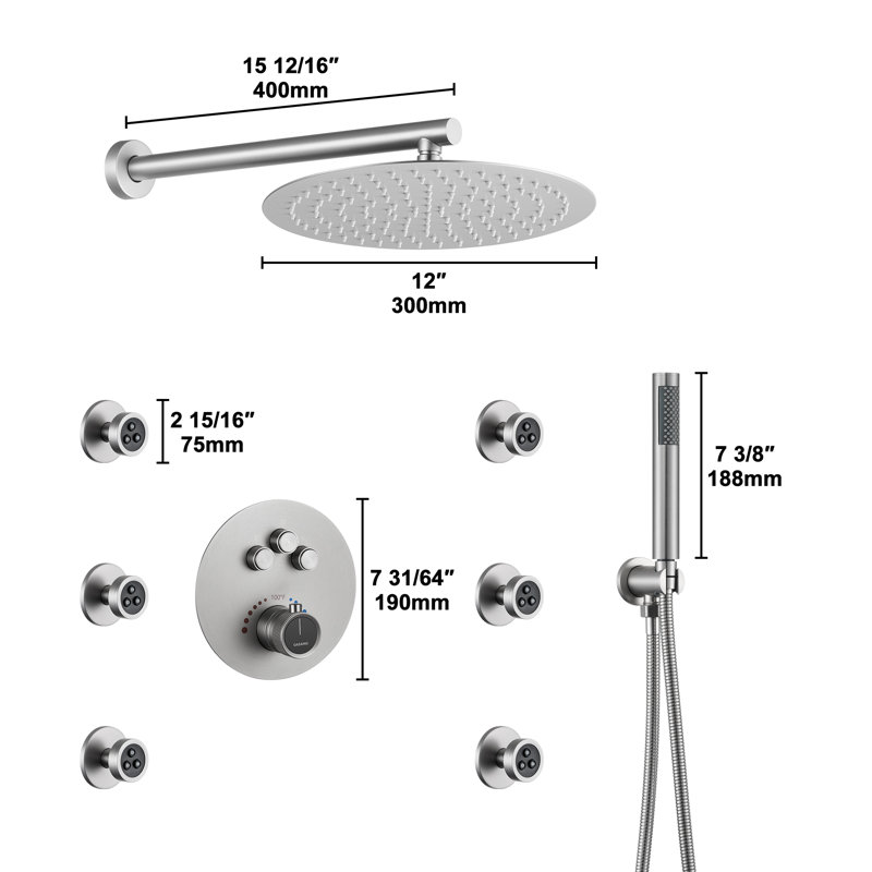 Thermostatic Rainfall Shower System with Rough in-Valve and Shower Body Spray, Brushed Nickel