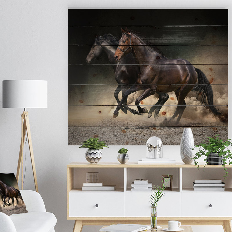 Animaux, chevaux, galop dans le désert, impression, H 30 po x l 40 po x p 1,5 po, Bois