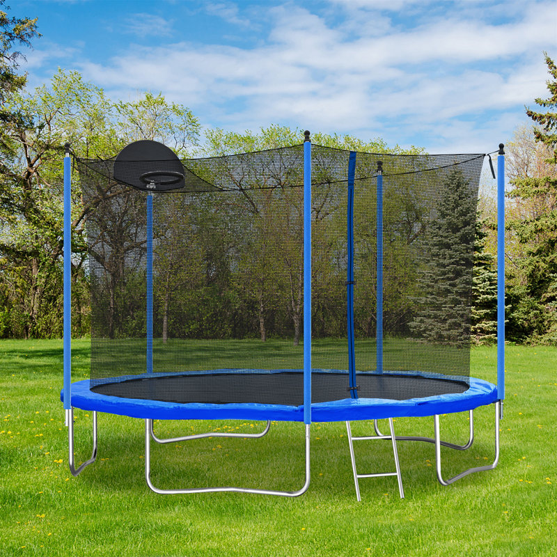 12ft Blue Round Outdoor Trampoline with Safety Enclosure and Basketball Hoop