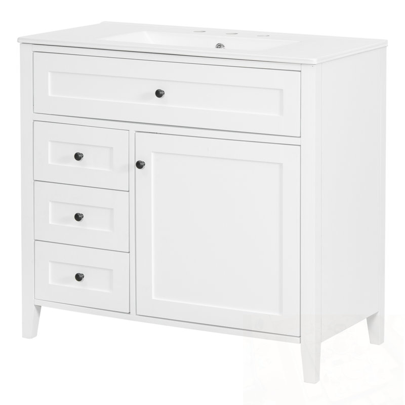 Meuble-lavabo avec lavabo, 3 tiroirs et tablette réglable, Blanc