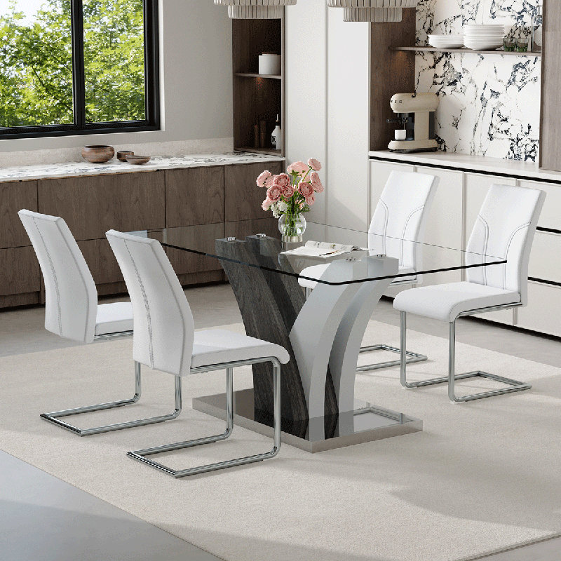 Ensemble de table de salle à manger de 63 po pour 4 personnes, comprenant un plateau en verre et des chaises en cuir. Cet ensemble de salle à manger en verre de 5 pièces convient aux maisons, aux restaurants et aux espaces de bureau.