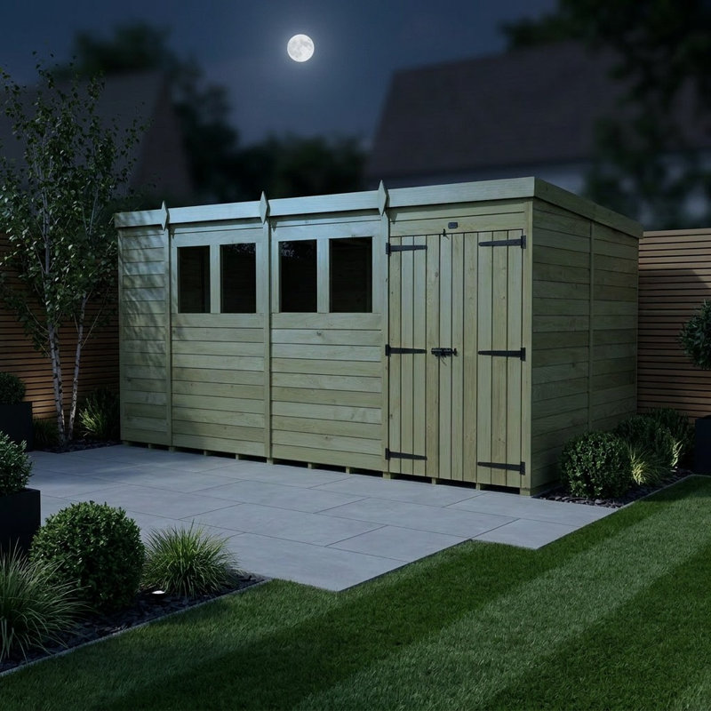 Total Sheds 14ft x 7ft Pent Garden Shed - Double Door - With Windows - Pressure Treated Timber - UK Manufactured