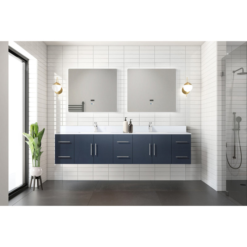 Meuble-lavabo double bleu marine 84 po X P 22 po D, dessus en quartz blanc et ensemble de robinet