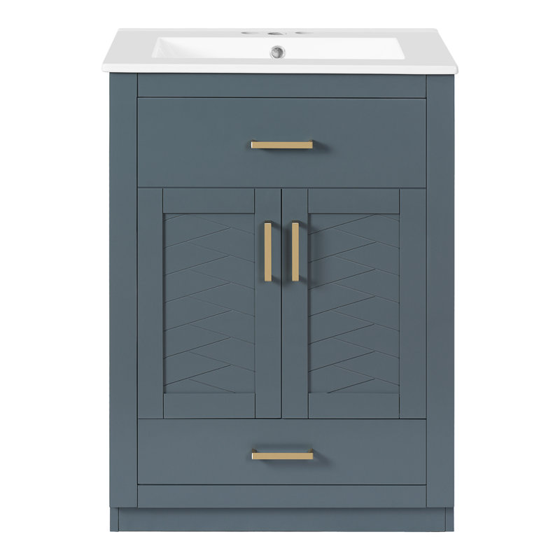 24" Modern Single Bathroom Vanity With Integrated Ceramic Sink, Tip-Out Drawer, MDF Cabinet With Chevron Details, Blue
