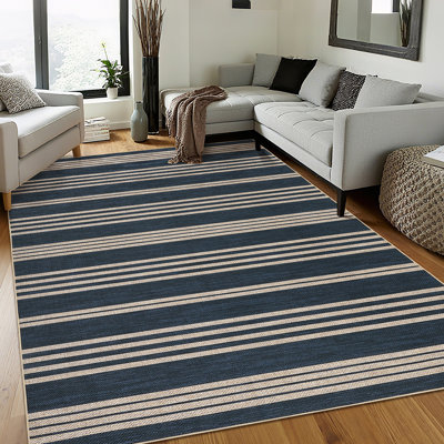 Tapis de jute lavables faciles pour la chambre à coucher 5 x 7 moderne rayures extérieur tapis sans perte de lignes neutre tapis de sol tapis décoratif contemporain pour le salon salle à manger arrière-cour rayures bleu marine