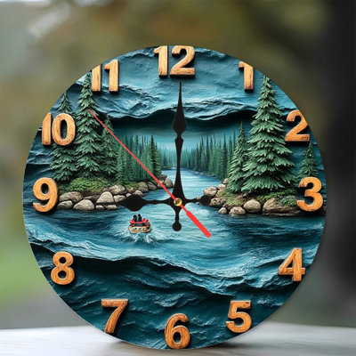 River Scene Wall Clock Wood Carving