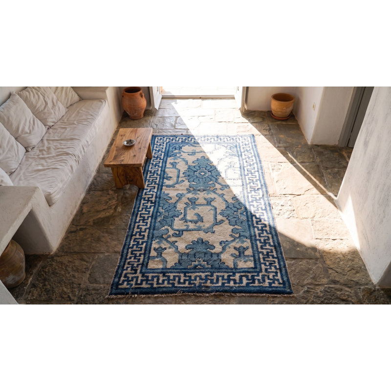 Small Artistic Scatter Size Antique Chinese Ningxia Blue and White Color Rug