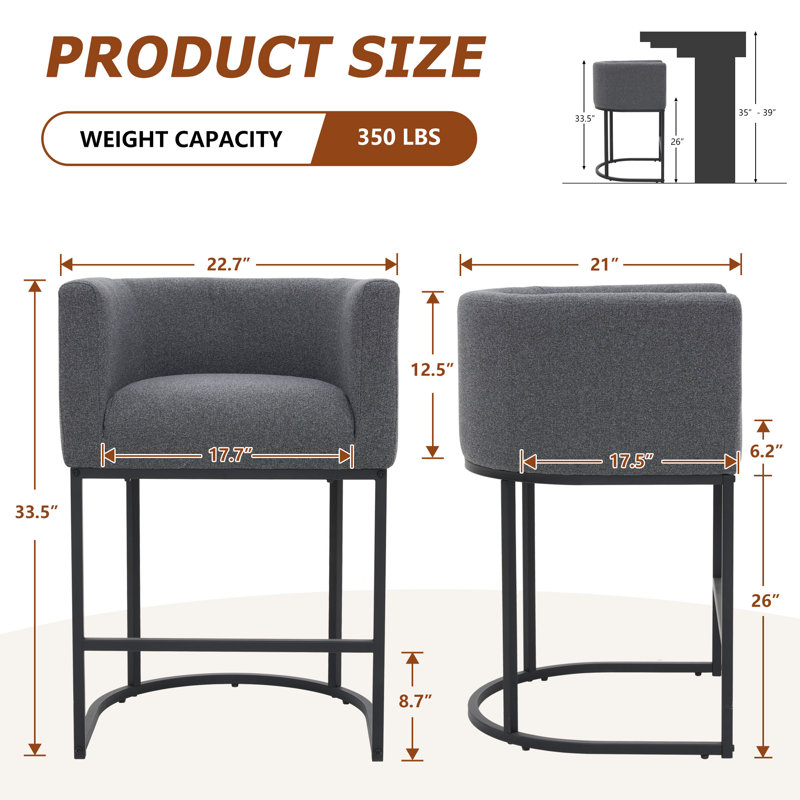26" Upholstered Barrel Counter Stool, 4, Dark Gray, Black