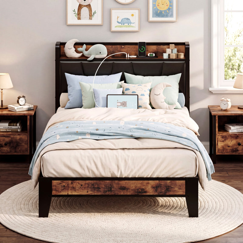 Alisyn Vegan Leather  Twin XL Bed Frame with Storage and Charging Station