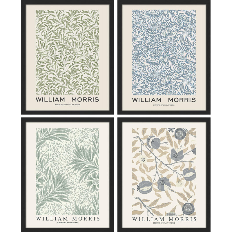 Motif floral bleu et vert sur papier, 4 pièces par William Morris, Blanc, H 10 po x l 8 po