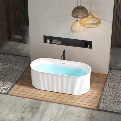 67" Fluted Style-Freestanding Bathtub With Integrated Slotted Overflow And Brushed Nickel Toe-Tap Drain