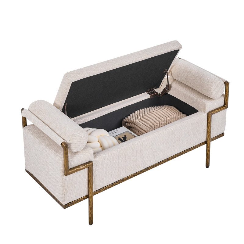 Banc de rangement capitonné à couvercle rabattable avec pattes en métal, Beige