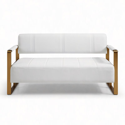 57.9" Width Upholstery Faux Bonded Leather Loveseat Sofa For Living Room Accent Love Seats For Small Spaces 2 Seater Couch Sofa Office Apartment Studio Furniture With Golden Metal Arms