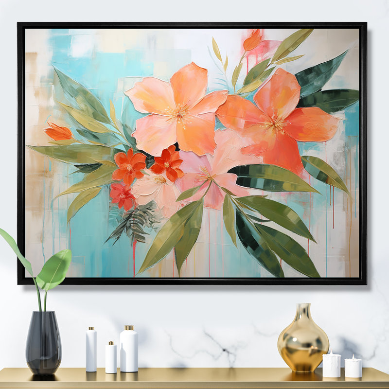 Art moderne moderne, fleurs tropicales roses et vertes - Collages abstraits, Cadre flottant noir, H 12 po x l 20 po x P 1 po